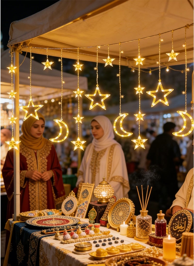 135 LED Ramadan Lights, Star Moon Ramadan Decorations with Remote & Dual Power (Battery/USB), Warm White Curtain Lights for Home Holiday Party Decor - Image 3